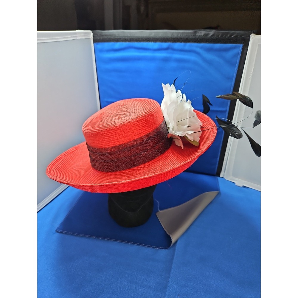 Vintage Mr. John Red Black White Wide Brim Hat Church Derby Flutter Flower 80s